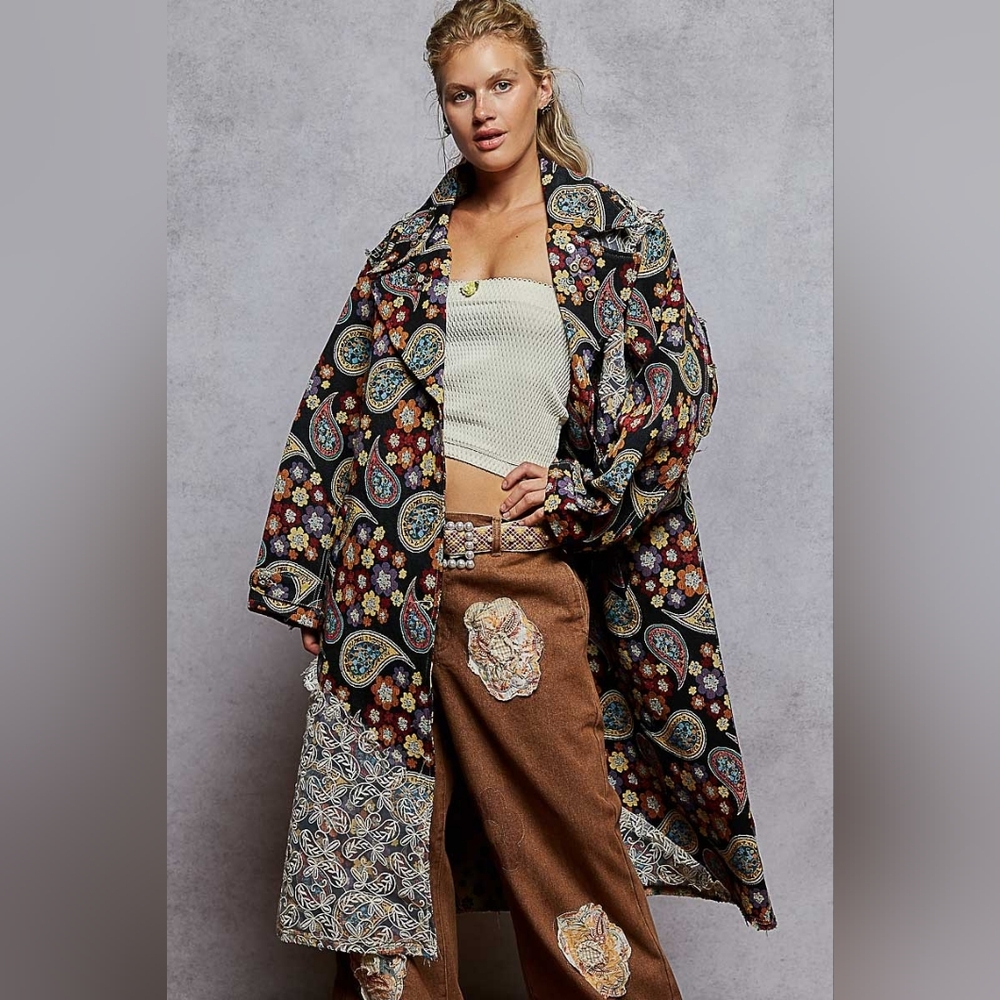 1- 1210 POL Steampunk Paisley Lace Oversized Long Maxi Trench Coat